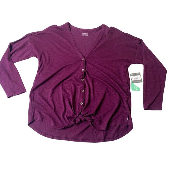 Eddie Bauer Women’s NWT Gate Check Long Sleeve Convertible Top Size L Dark Plum - Picture 1 of 6